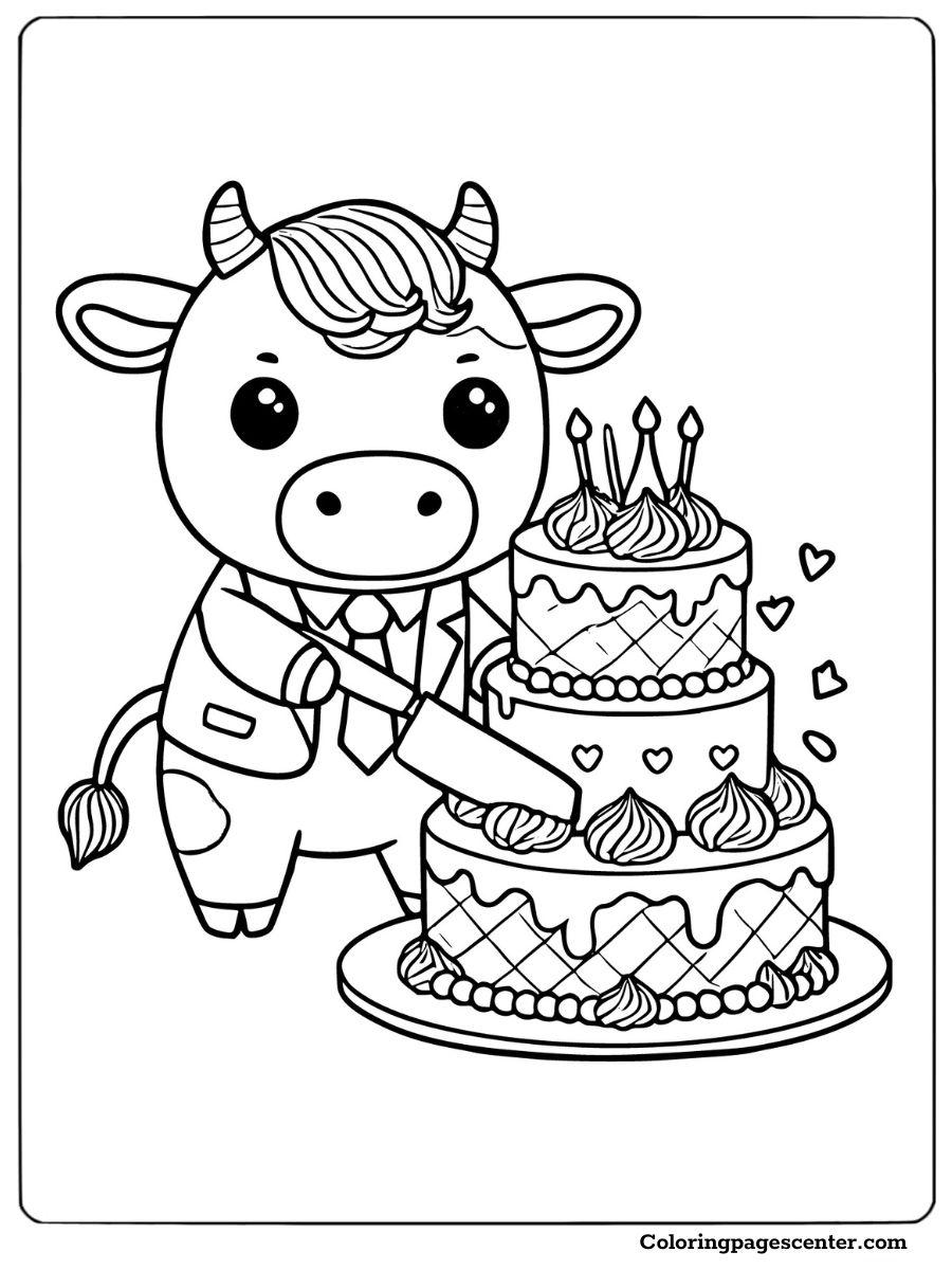 A cow in a suit cutting a birthday cake coloring page