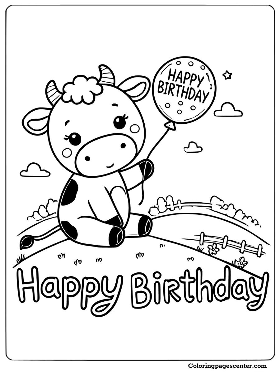 A cow in a meadow with a birthday balloon coloring page