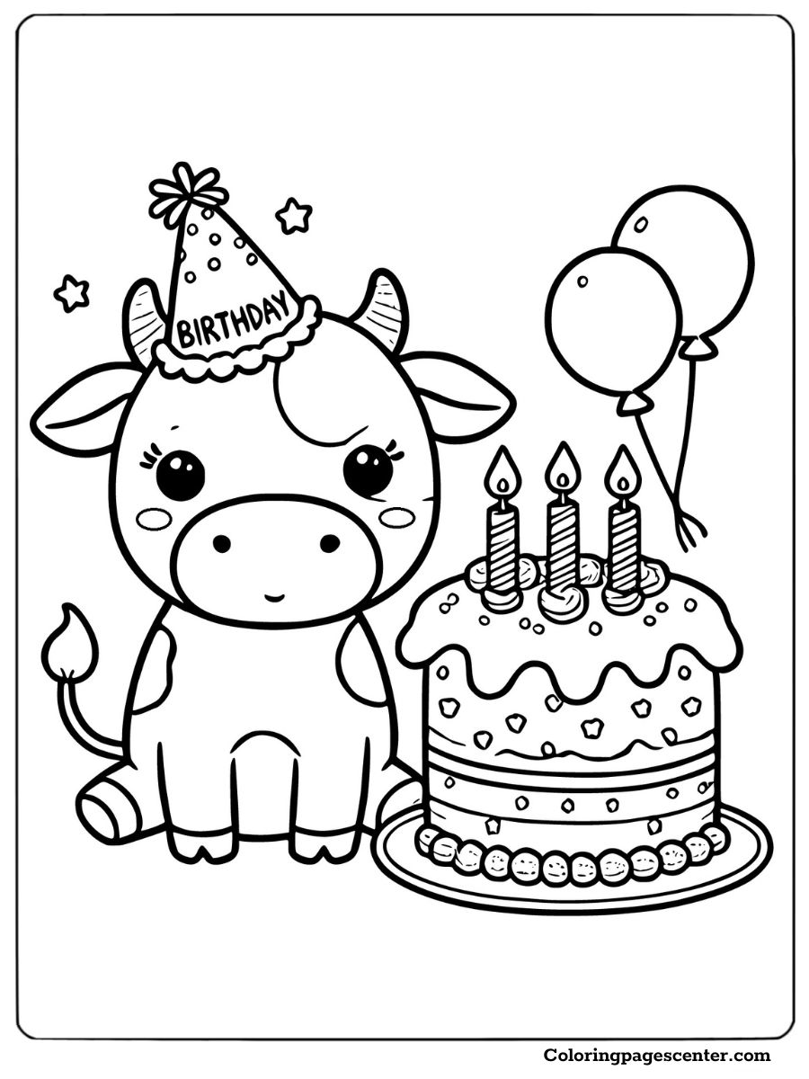 A cow with balloons and a party hat coloring page