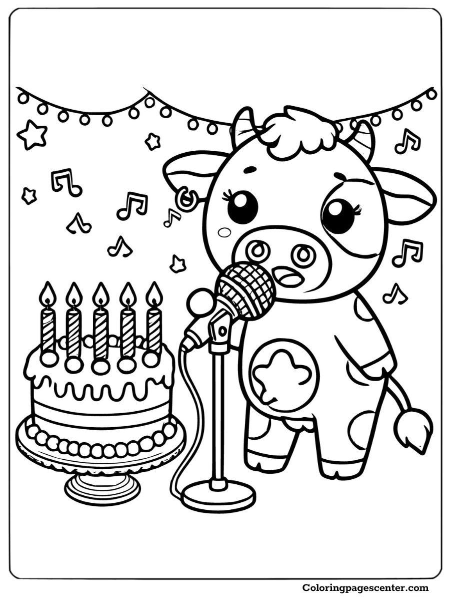 A cow singing next to a birthday cake coloring page