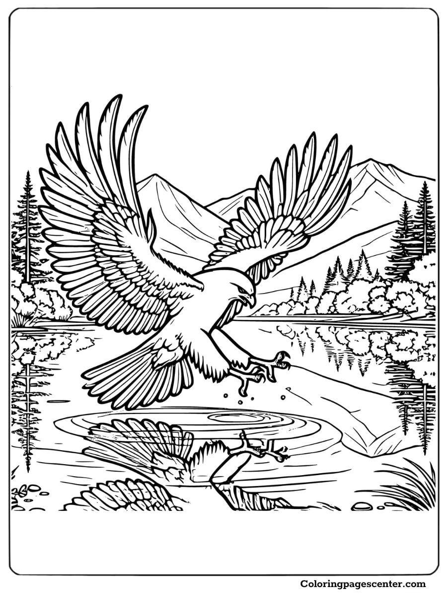 Hawk catching fish in a lake with mountain scenery coloring page