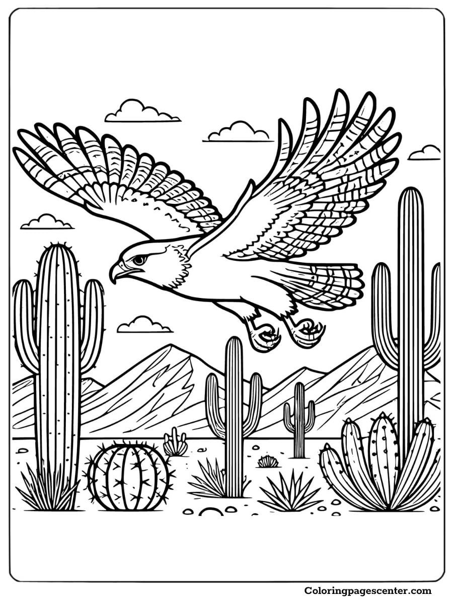 Hawk flying over a desert with cacti and mountains coloring page