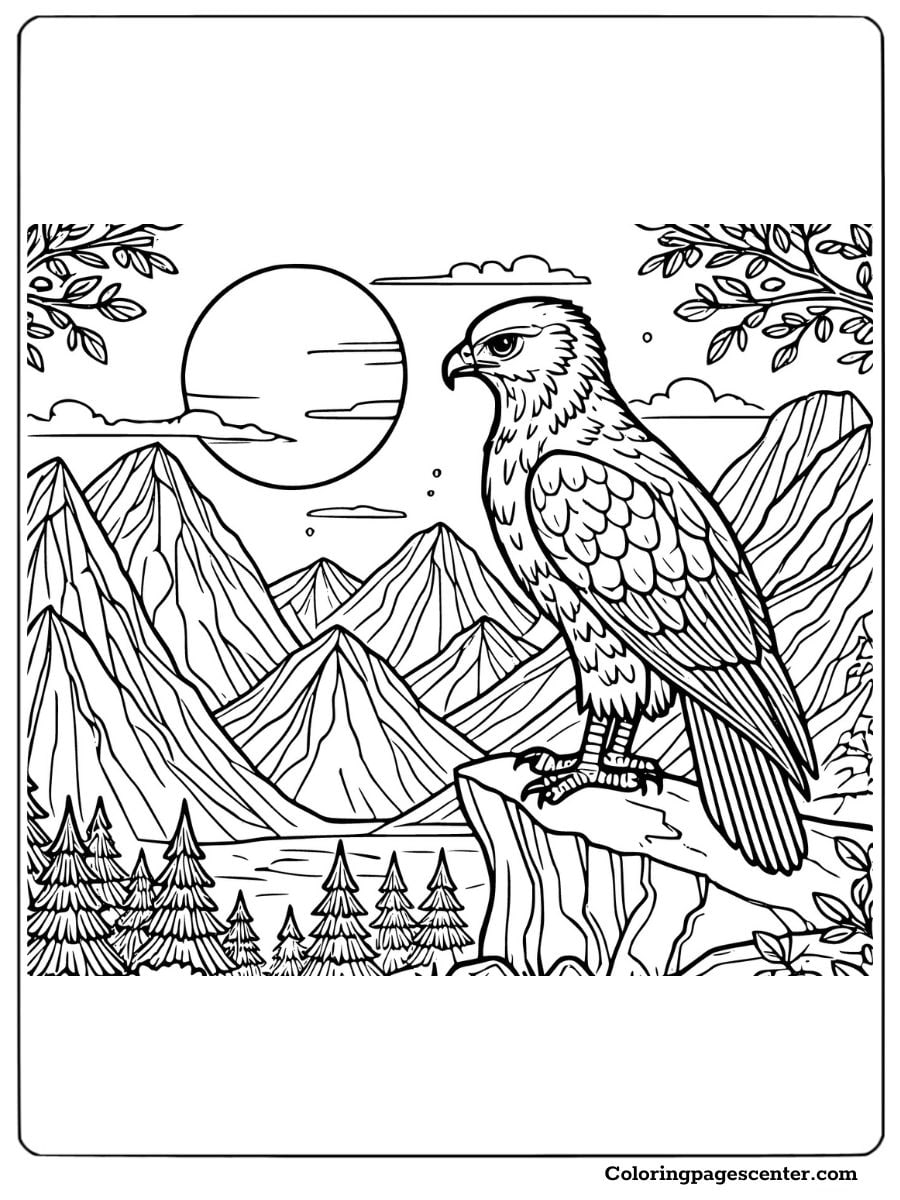 Hawk perched on a rock with a mountainous landscape coloring page