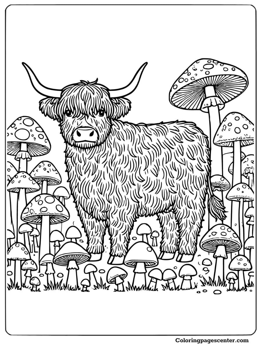 Coloring page of a highland cow surrounded by mushrooms for adults