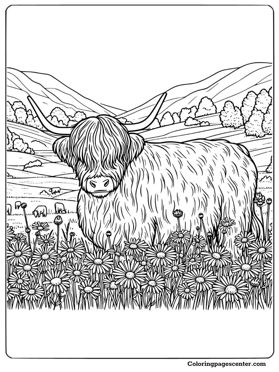 Adult coloring page of a highland cow surrounded by daisies