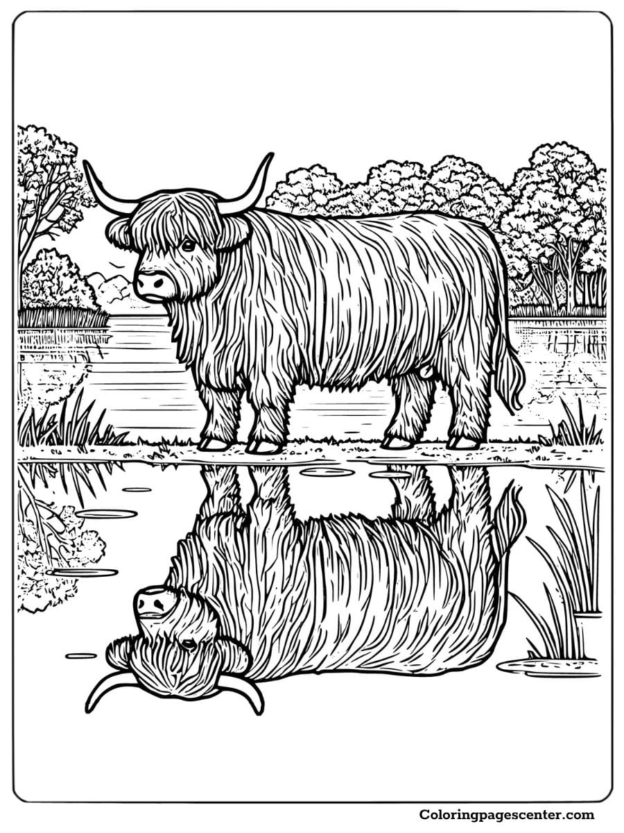 Highland cow reflecting in water in this coloring page for adults