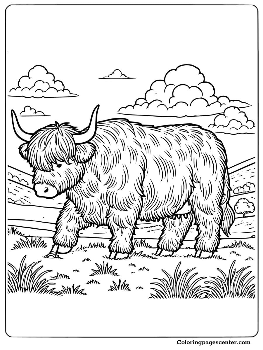 Coloring page for adults showing a highland cow in open fields