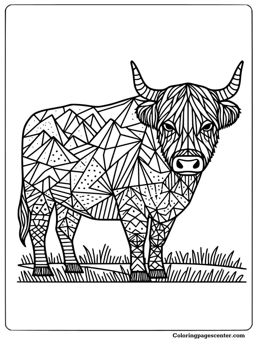 Geometric style coloring page of a highland cow for adults