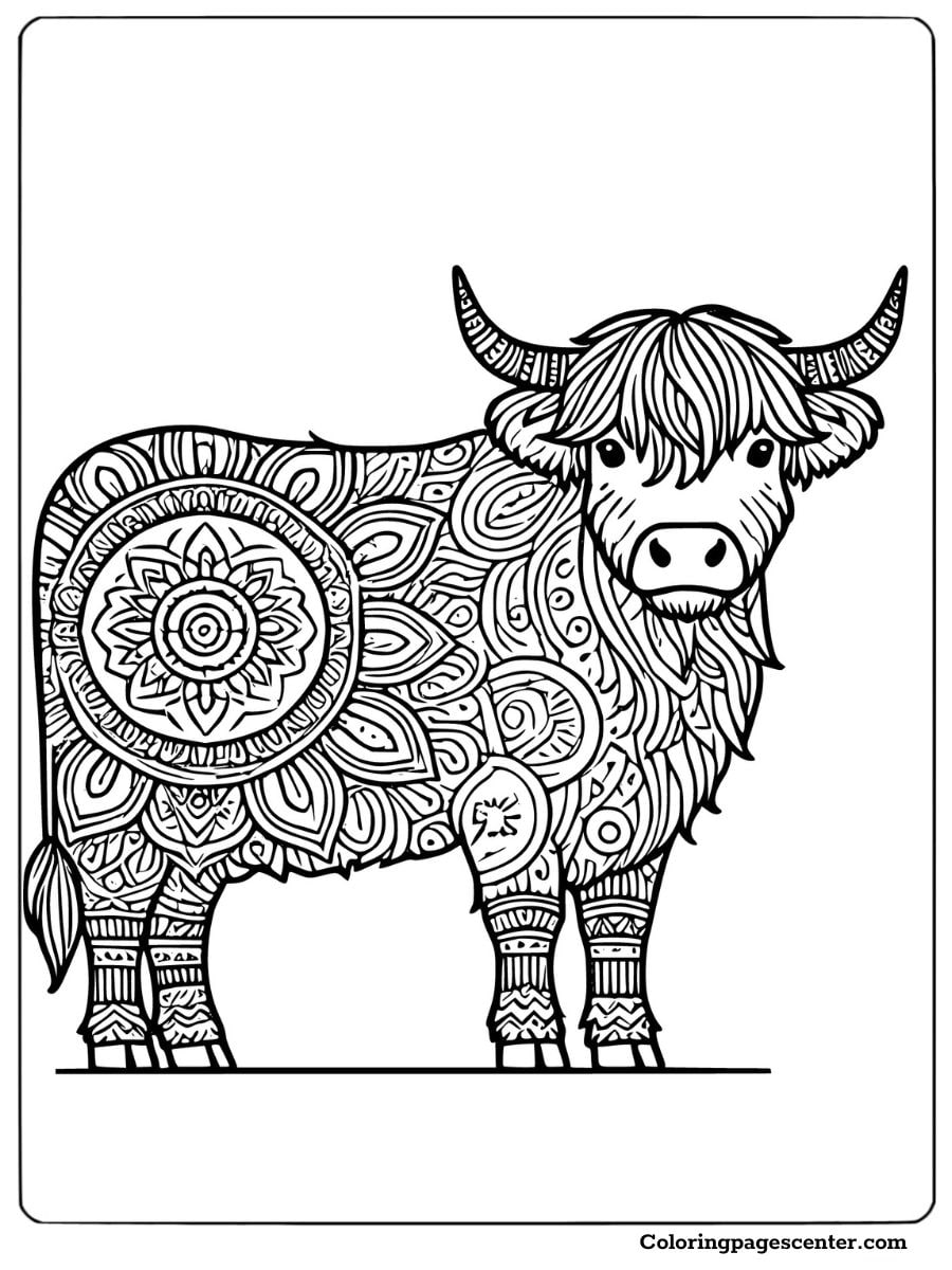 Mandala-themed coloring page of a highland cow for adults