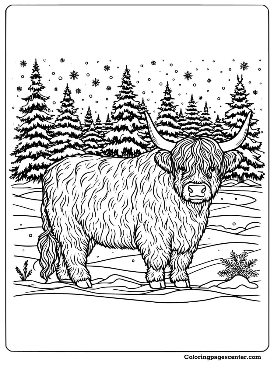 Highland cow in a snowy landscape coloring page for adults