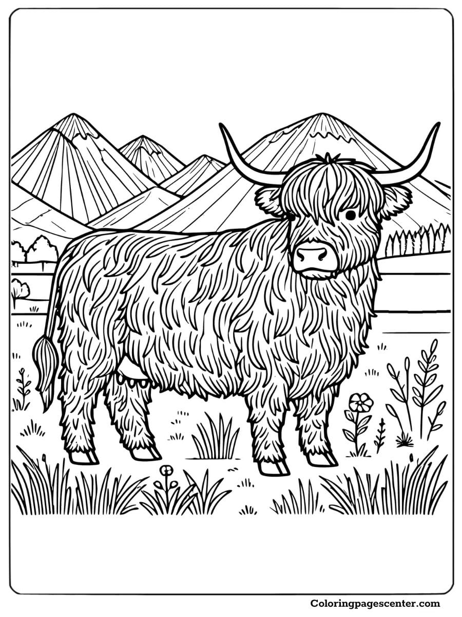 Highland cow with mountain view designed for adult coloring