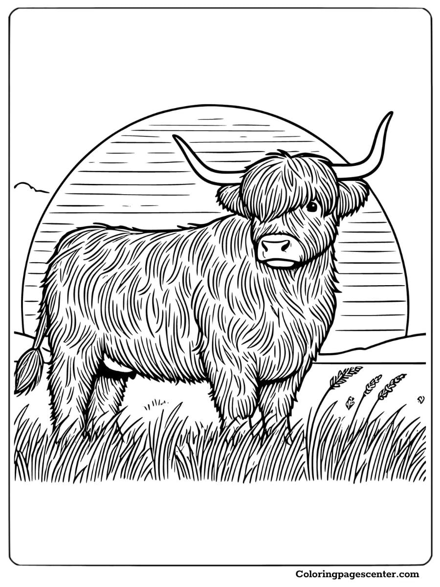 Adult coloring page featuring a highland cow and sunset scenery