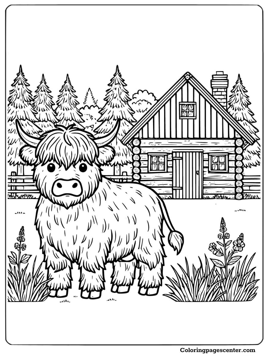 Cute highland cow coloring page with a farm background