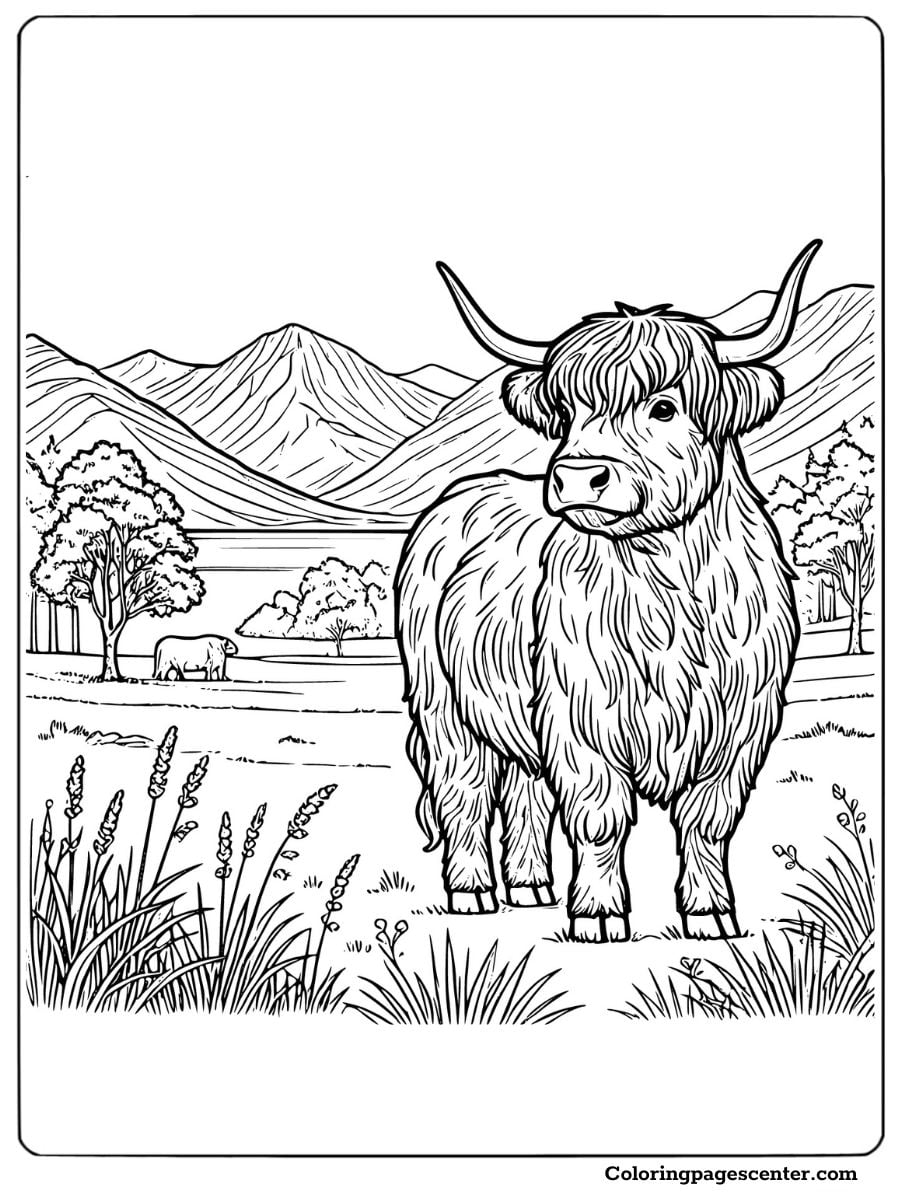 Detailed highland cow coloring page with nature and hills