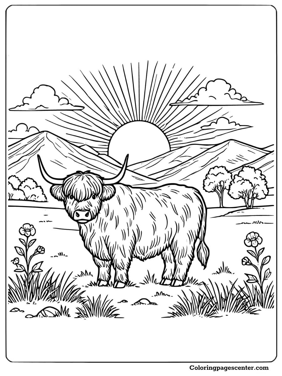 Highland cow coloring page with sun and mountains behind