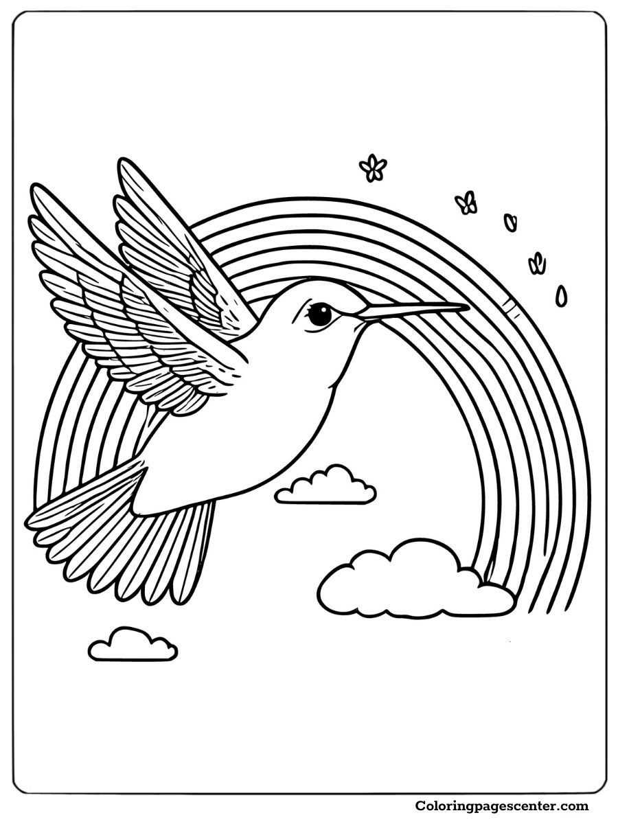 Hummingbird soaring with a rainbow and clouds coloring page