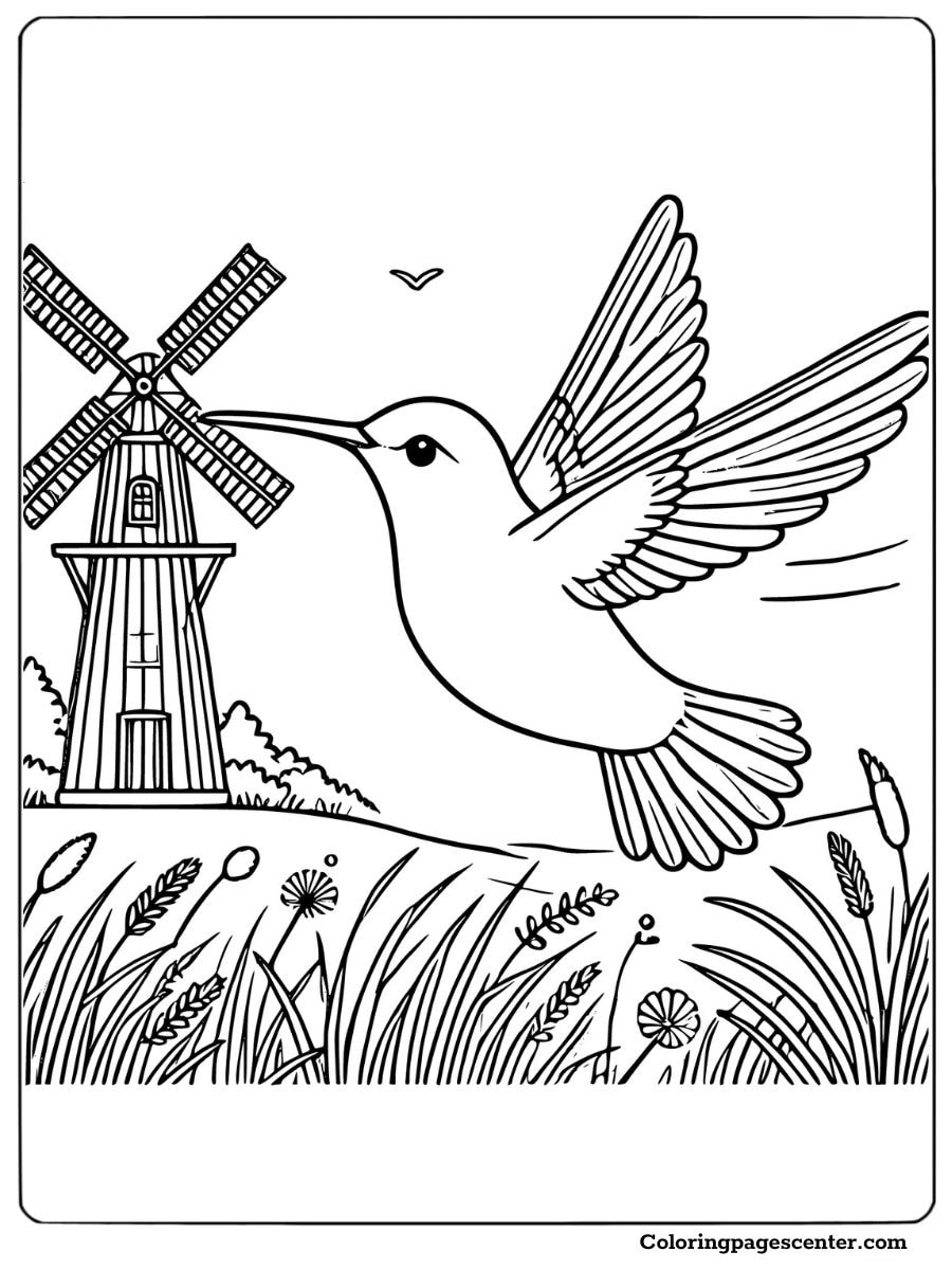 A hummingbird flying near a windmill in a grassy field coloring page