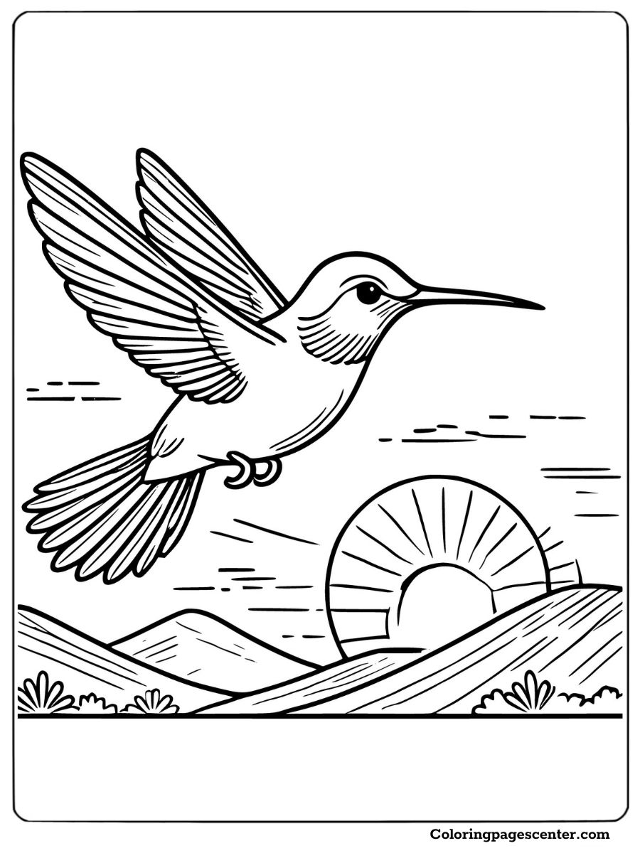 Hummingbird flying above mountains at sunset coloring page