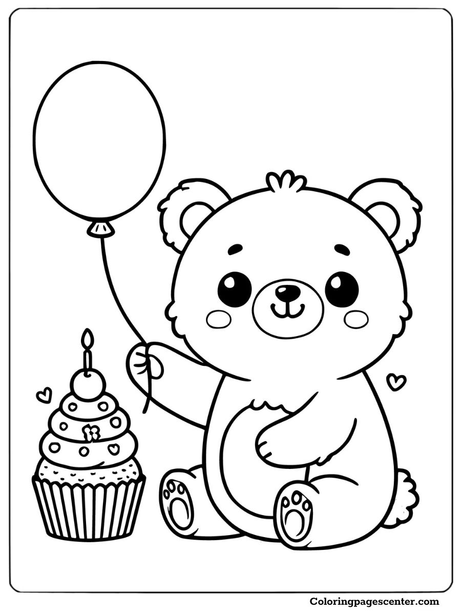 Kawaii bear holding a balloon and a cupcake coloring page