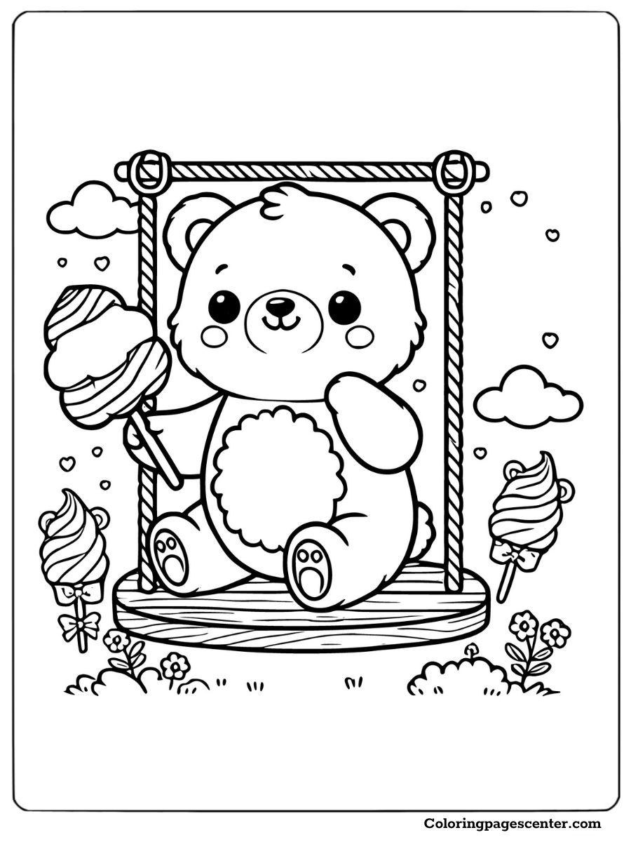 Cute bear swinging with cotton candy coloring page