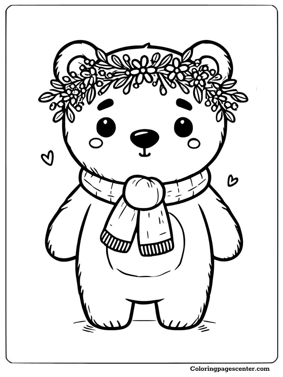 Kawaii bear with flower accessories and a scarf coloring page