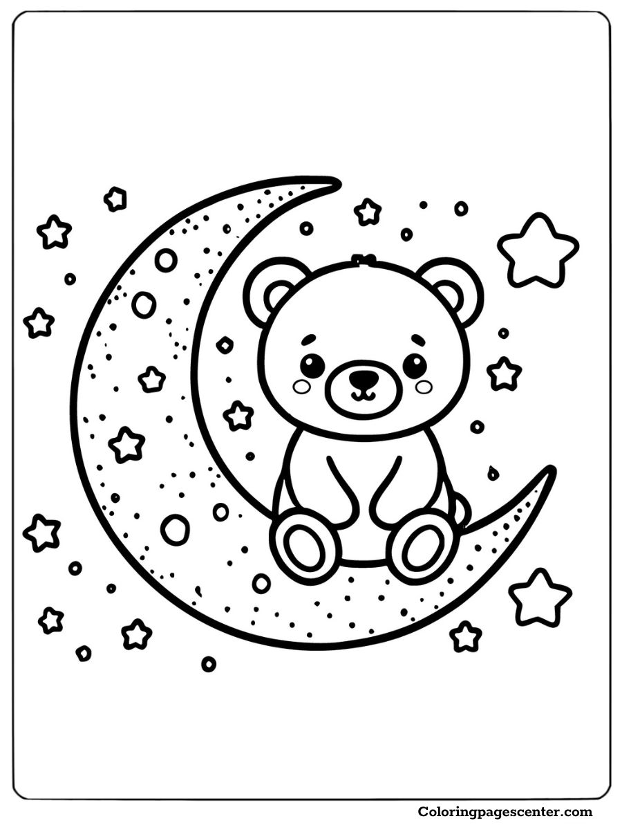 Kawaii bear sitting on the moon with stars coloring page