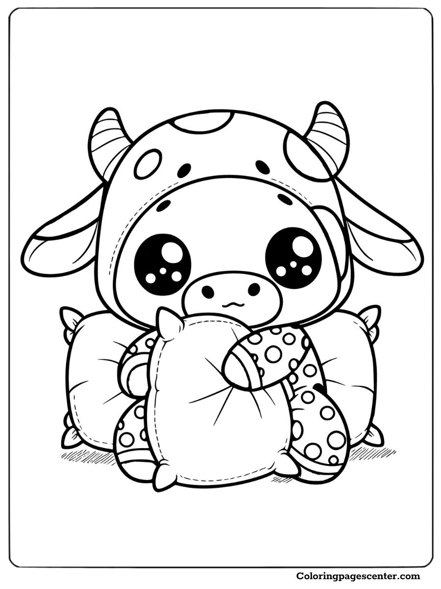 Kawaii cow holding pillows cozy and cute coloring page