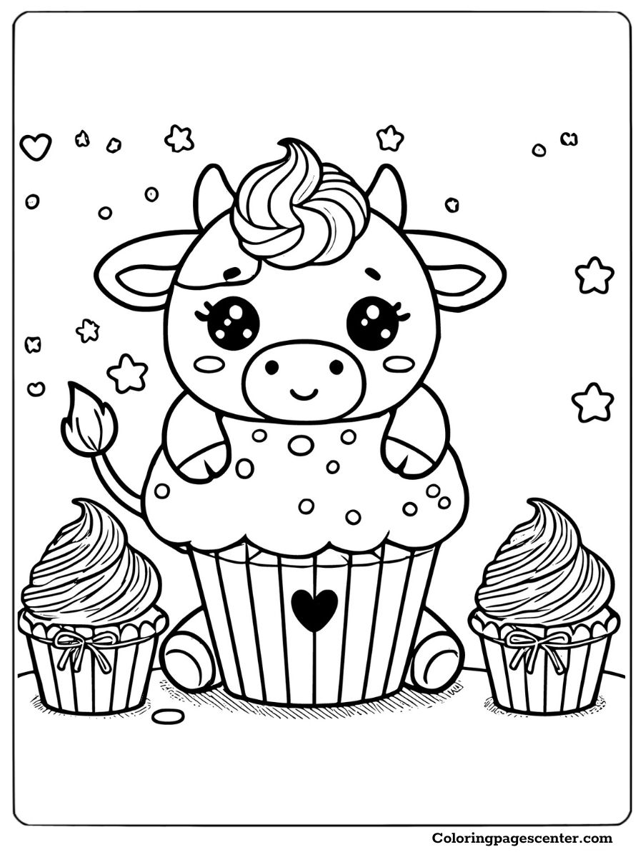 Adorable kawaii cow inside a cupcake coloring page