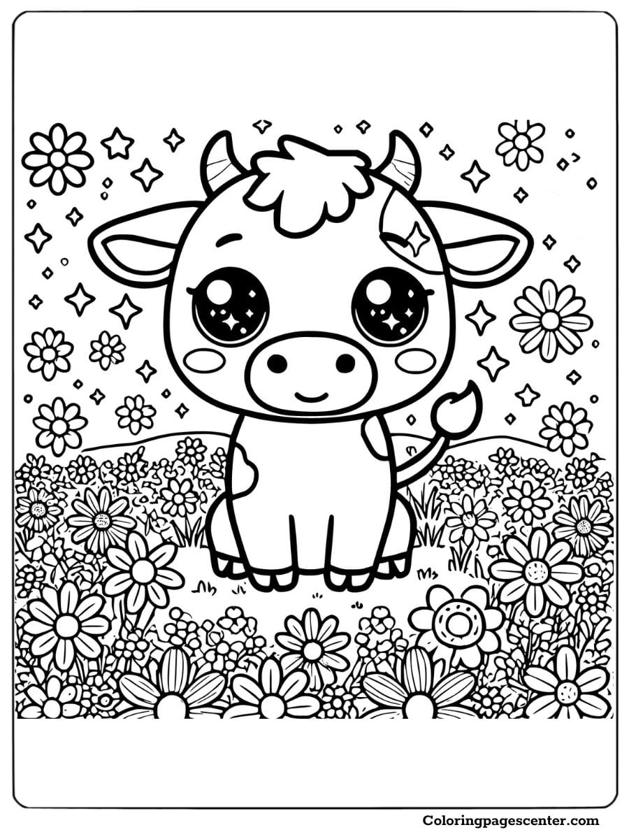 Cheerful kawaii cow surrounded by flowers coloring page