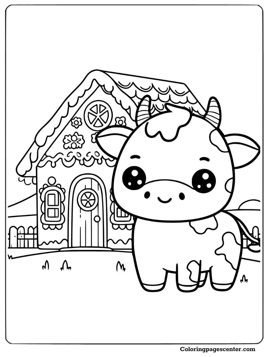 Kawaii cow standing near a cozy house coloring page