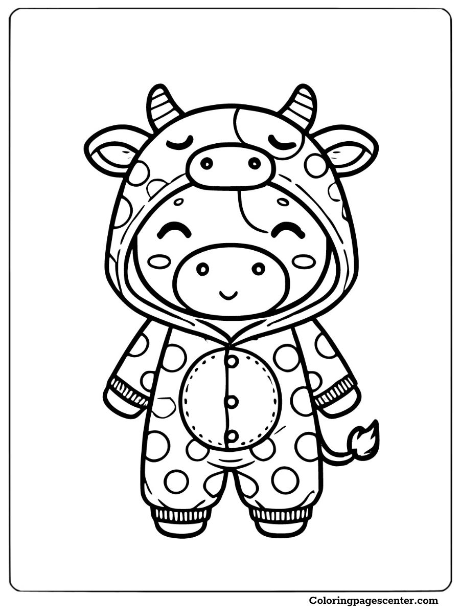 Kawaii cow in a polka dot onesie outfit coloring sheet