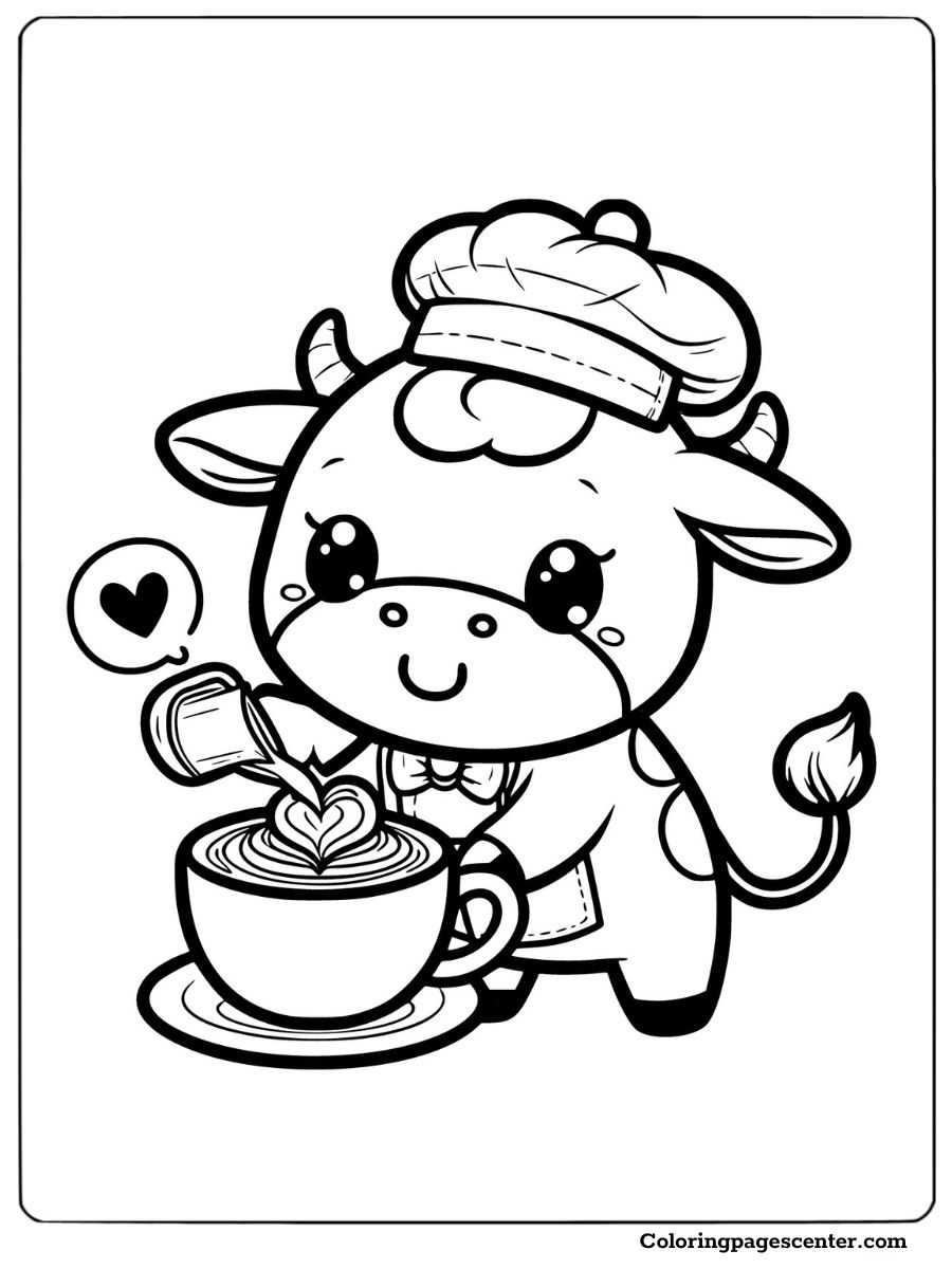 Kawaii cow making latte art with love coloring sheet