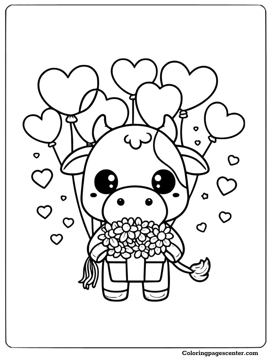 Kawaii cow holding balloons and flowers coloring sheet