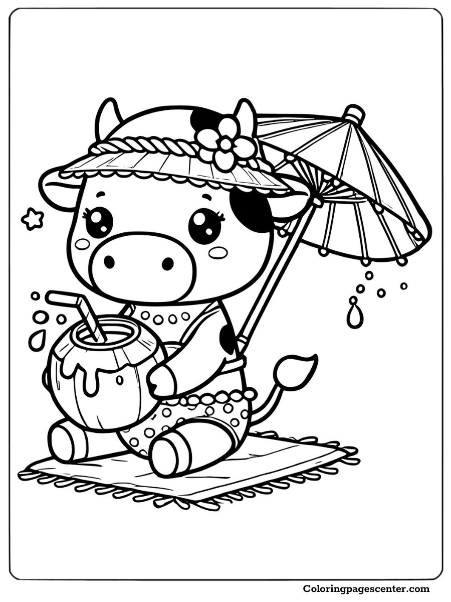 A kawaii cow drinking coconut under an umbrella coloring sheet