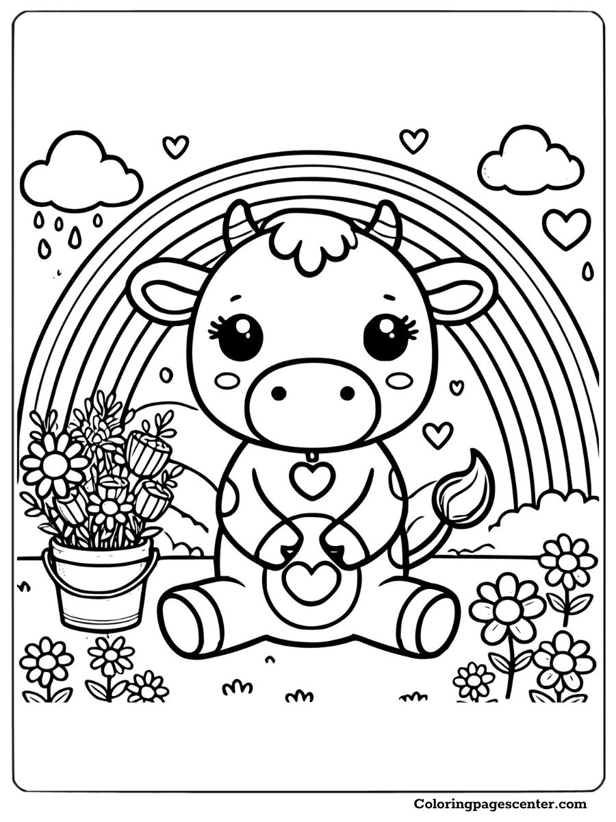 Kawaii cow sitting under rainbow with hearts coloring sheet