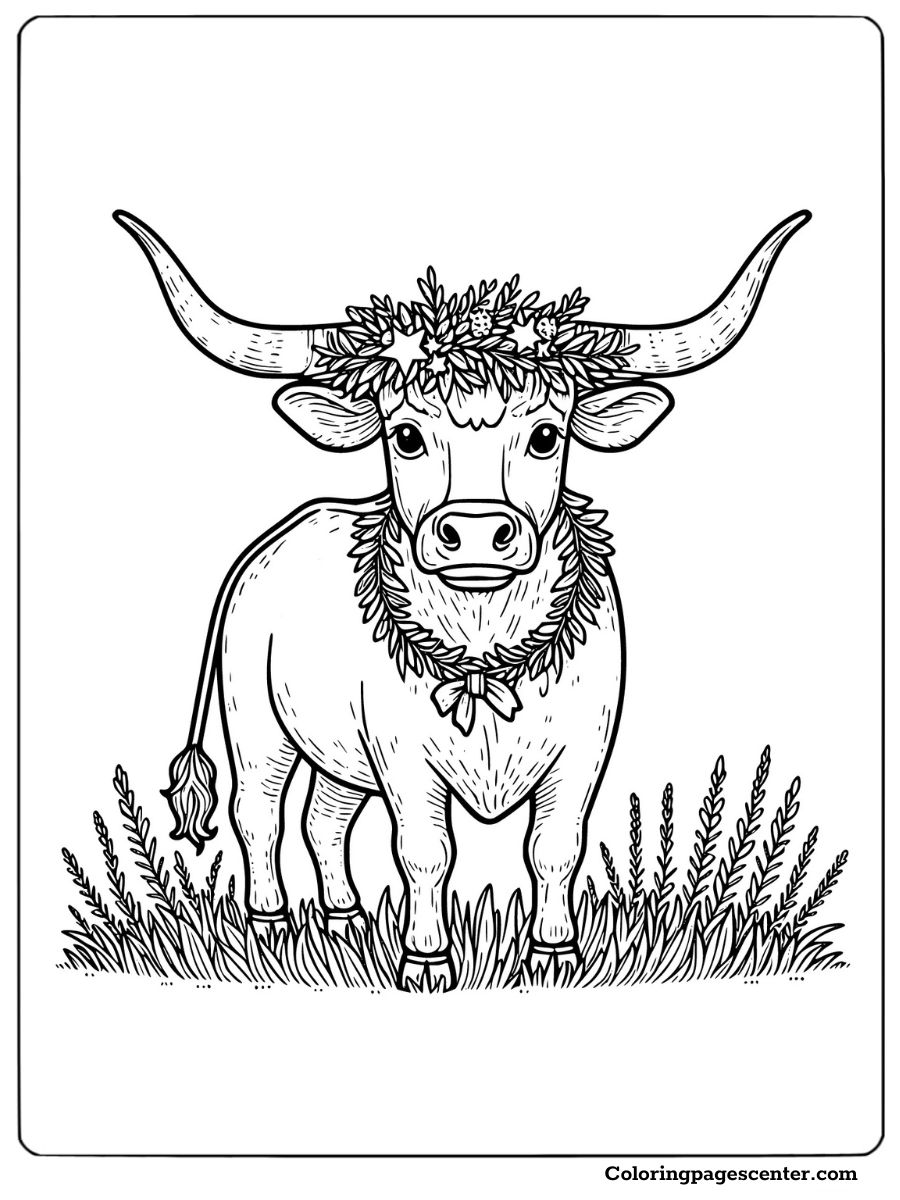 Texas Longhorn cow wearing flower crown and bow coloring page