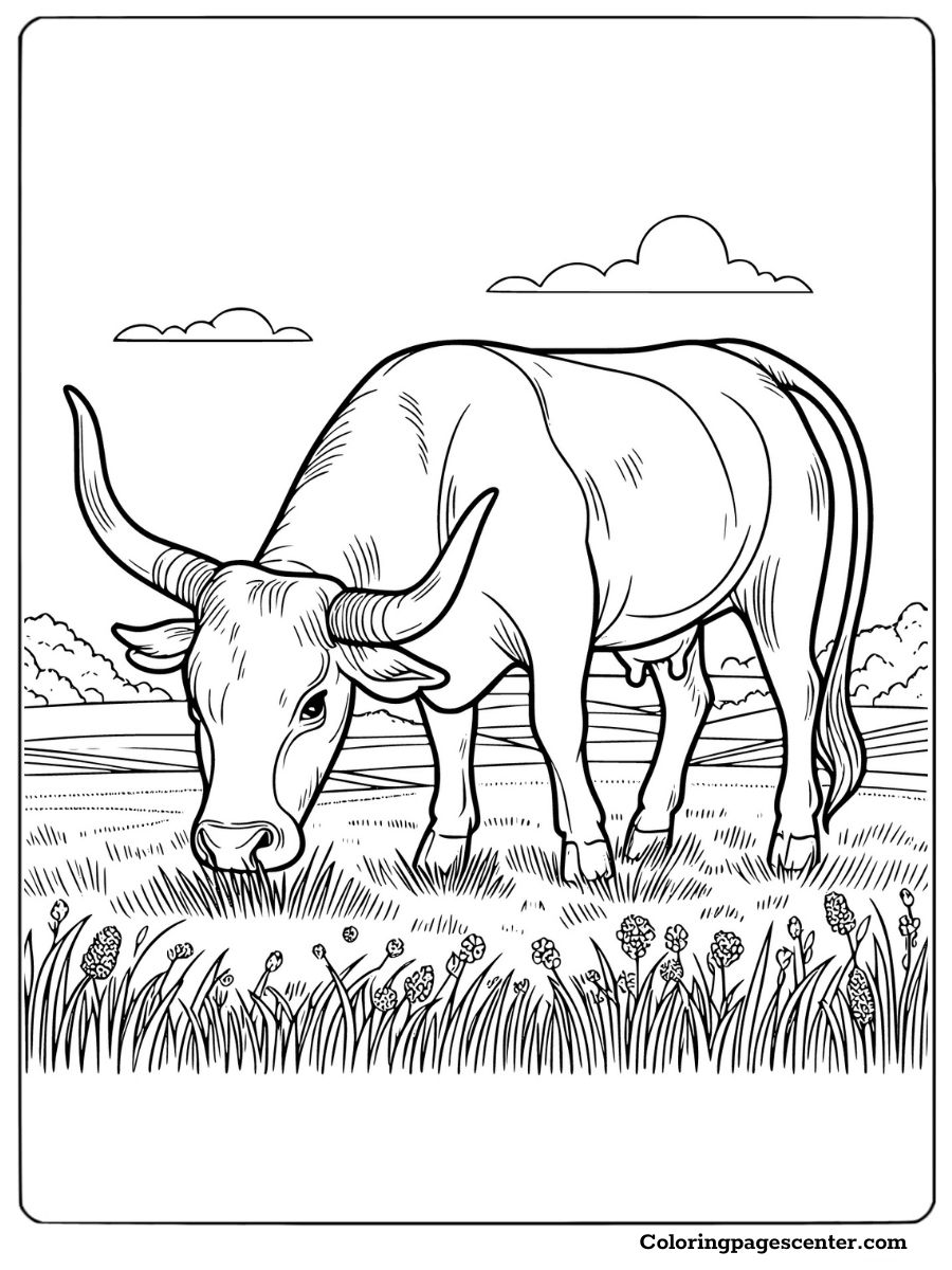 Grazing longhorn cow on a grassy field coloring image