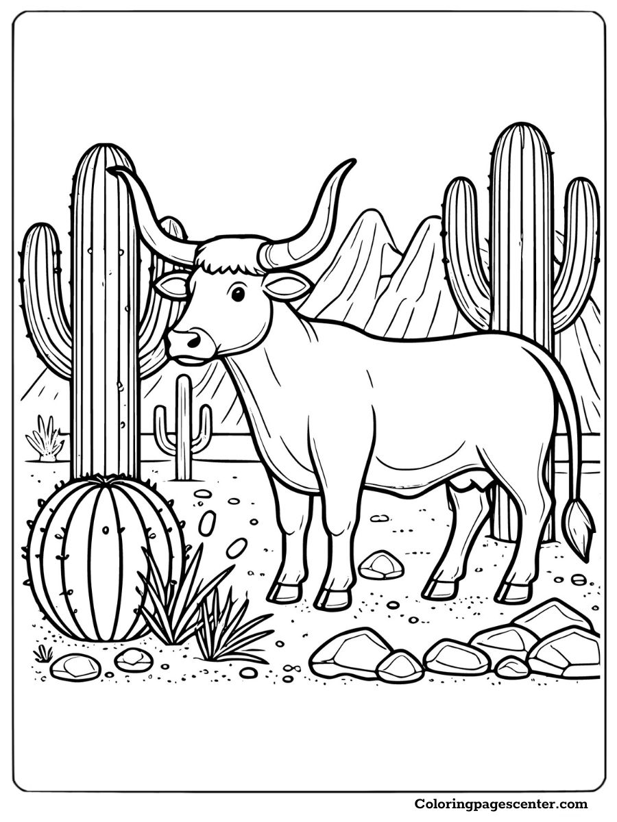 Longhorn cow with cacti and desert rocks to color