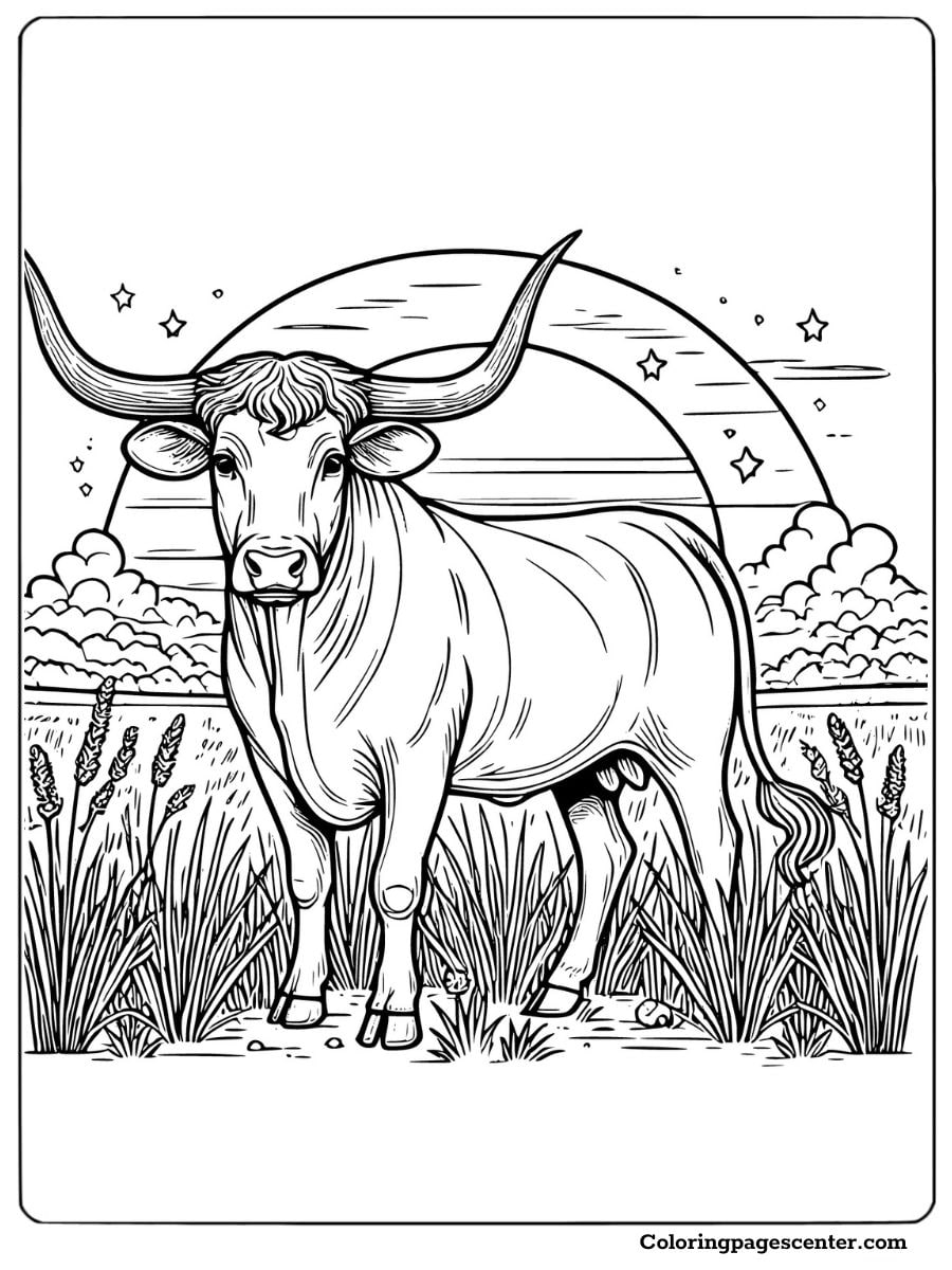 Longhorn cow with scenic sunset and stars coloring sheet