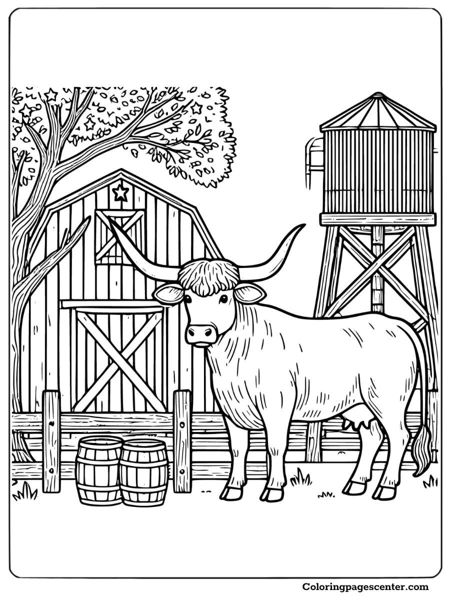 Texas Longhorn cow near barrels and barn for coloring fun