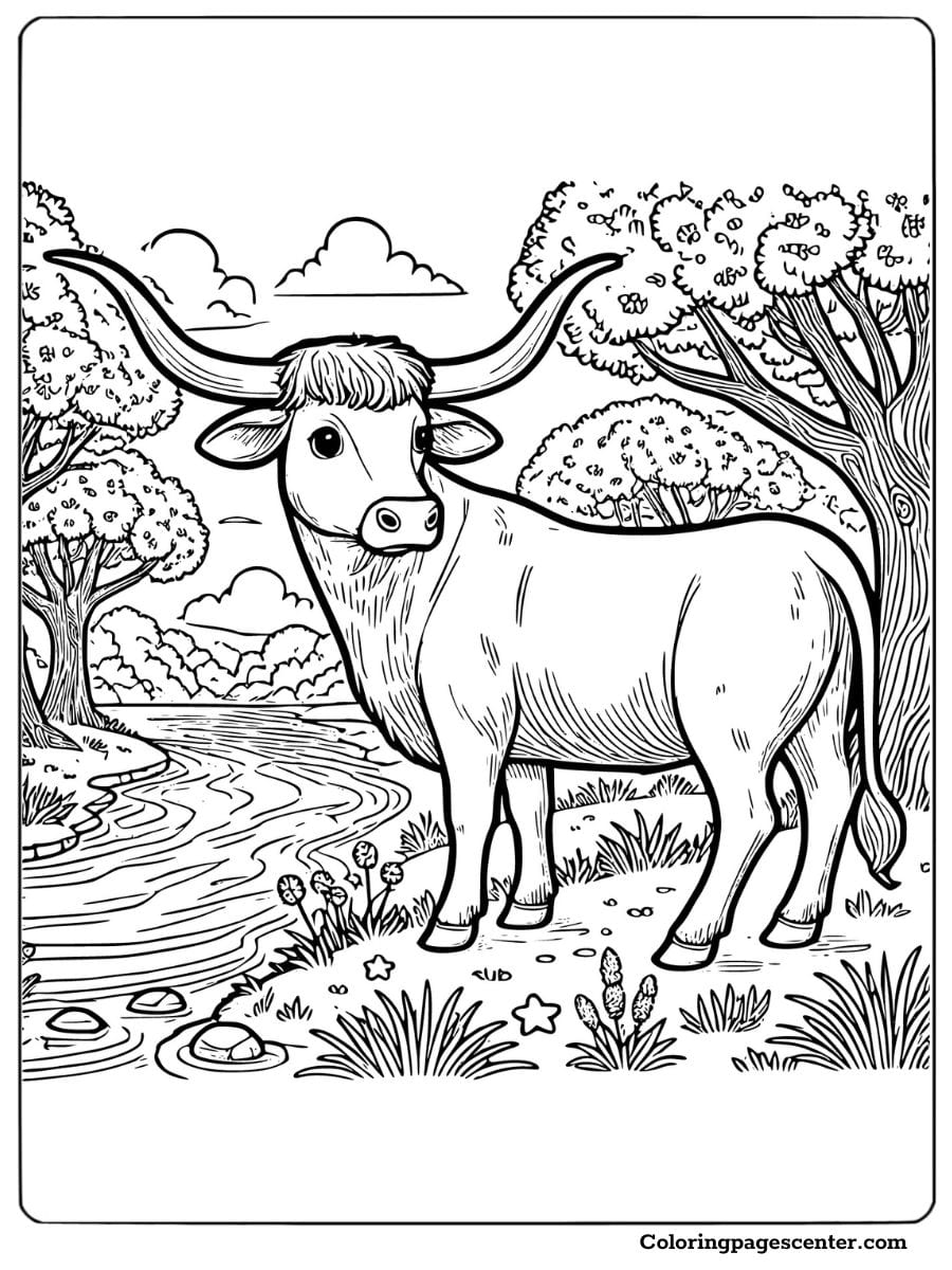 Texas Longhorn cow next to a river under trees coloring activity