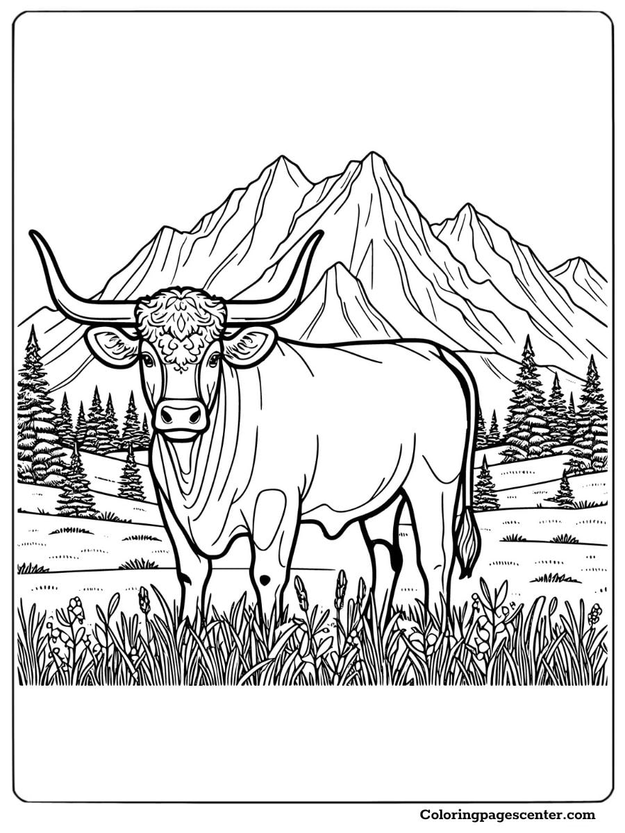 Texas Longhorn cow standing near mountains and forest coloring