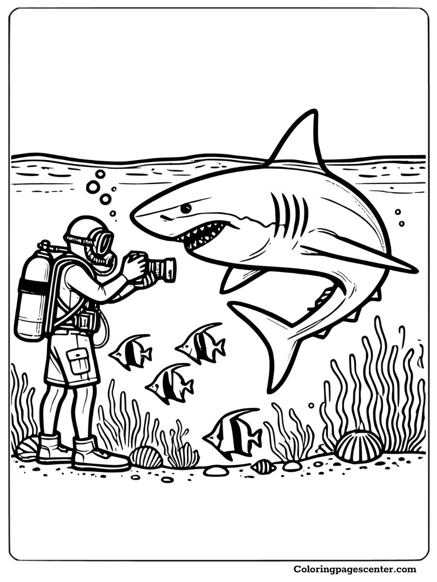 Diver photographing a Megalodon shark surrounded by fish Coloring Page