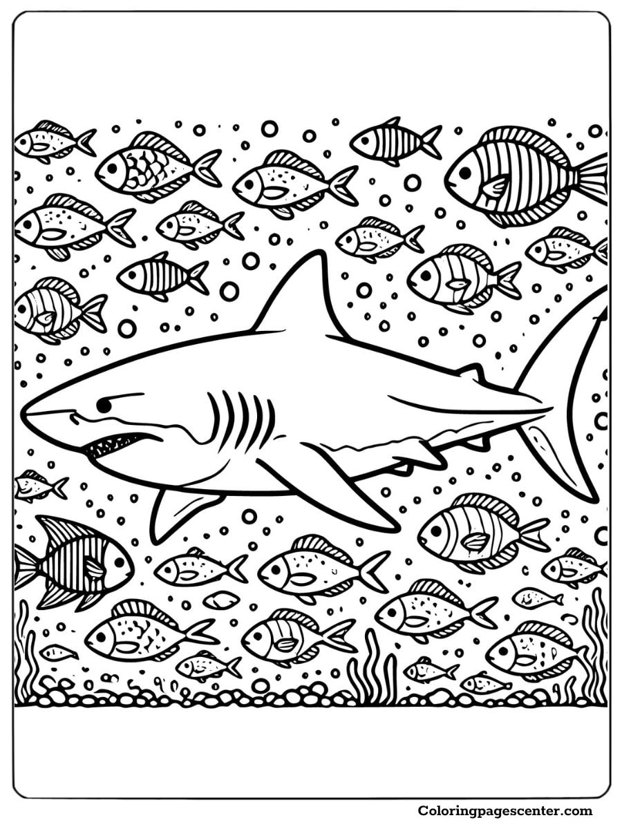 Megalodon shark swimming in deep water with many fish Coloring Page