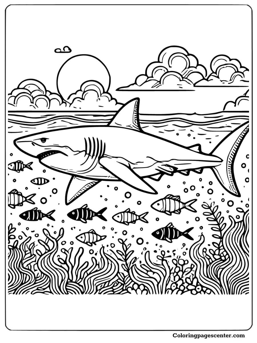 Megalodon shark swimming with smaller fish and sea plants Coloring Page