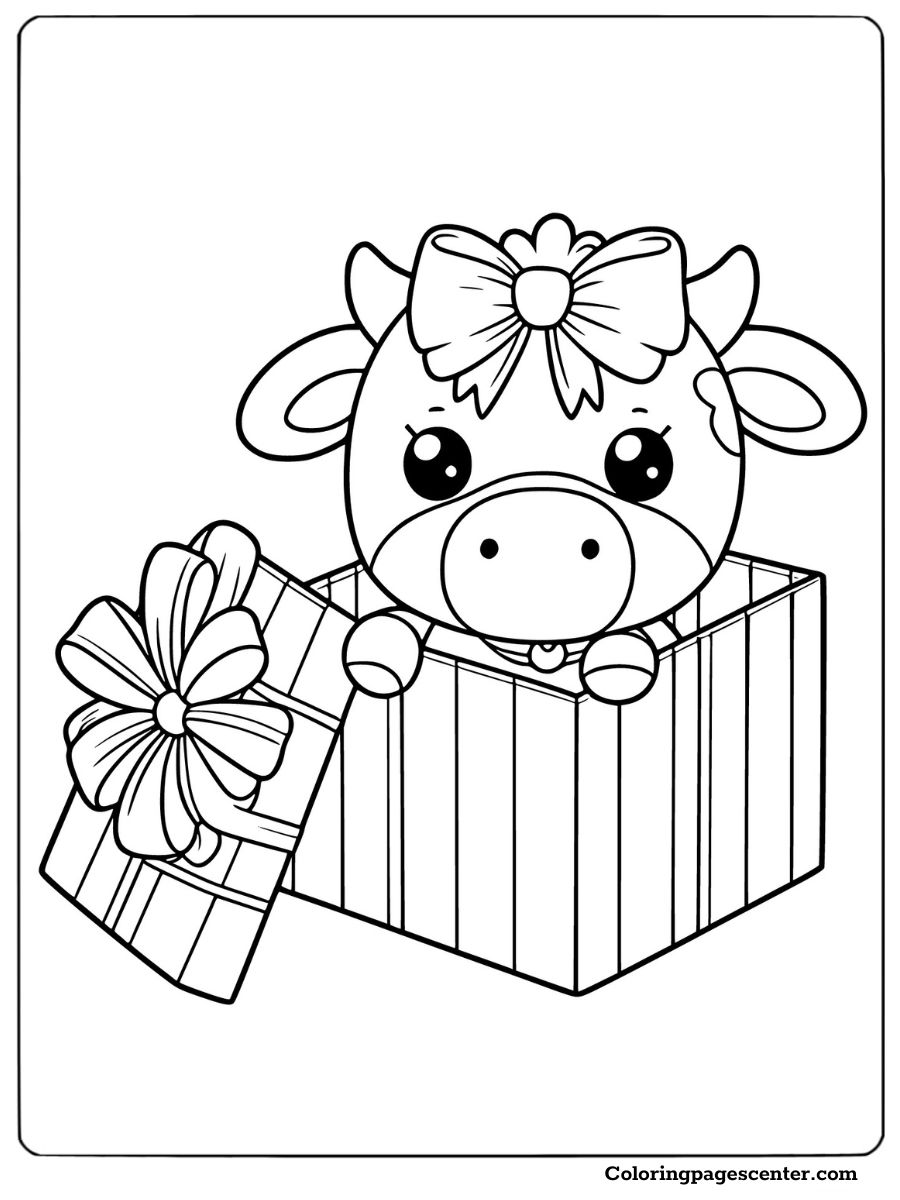 Coloring page of a mini cow in a cute gift box