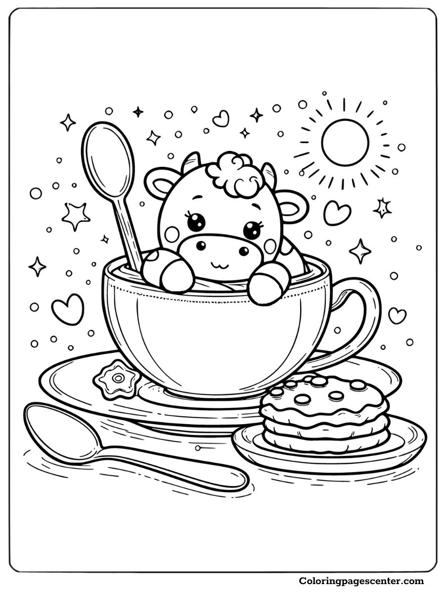 Mini cow in a teacup coloring page with stars