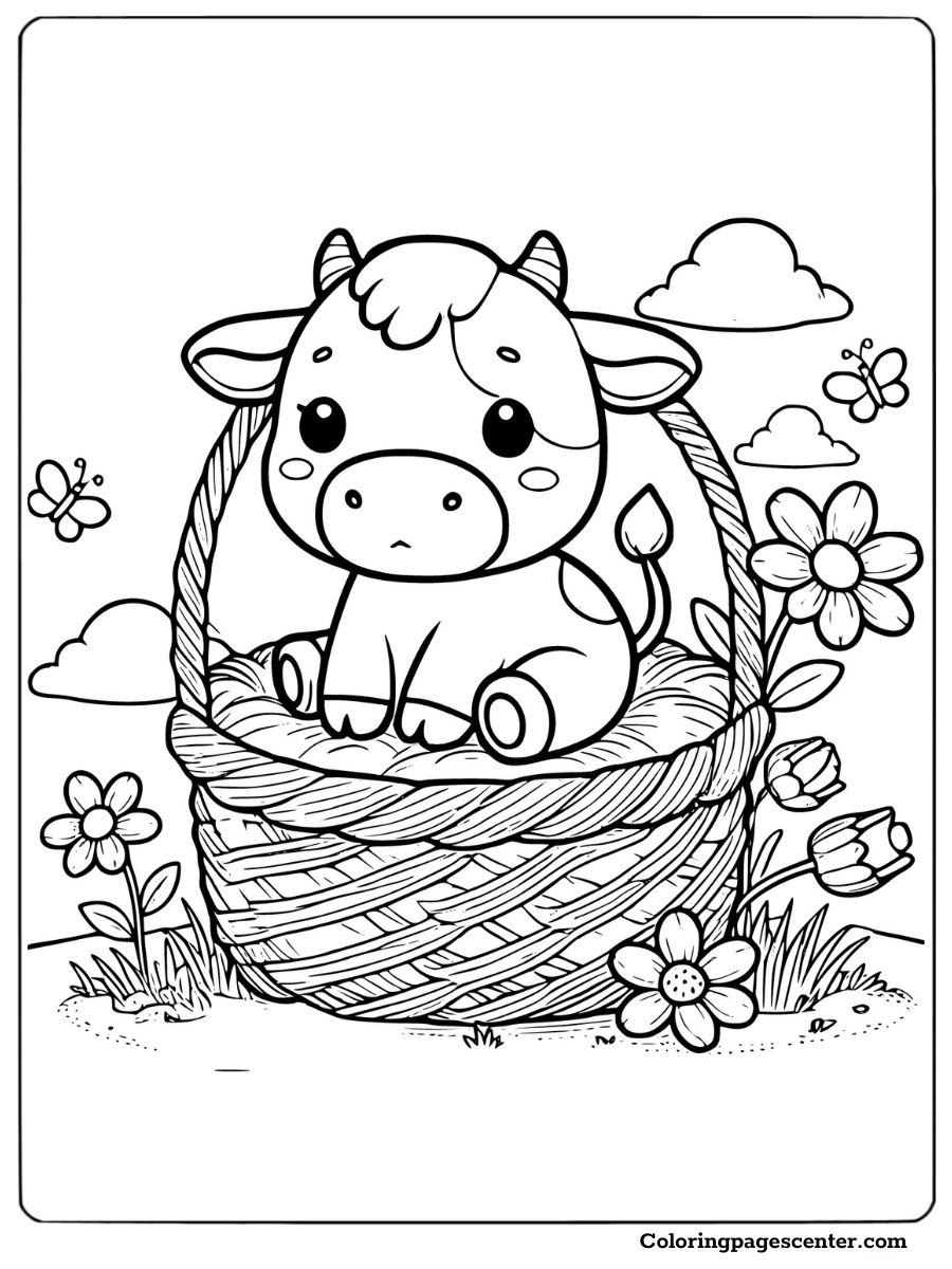 Mini cow in a basket coloring page with flowers