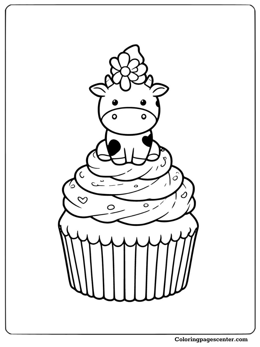 Mini cow on a cupcake coloring page to enjoy