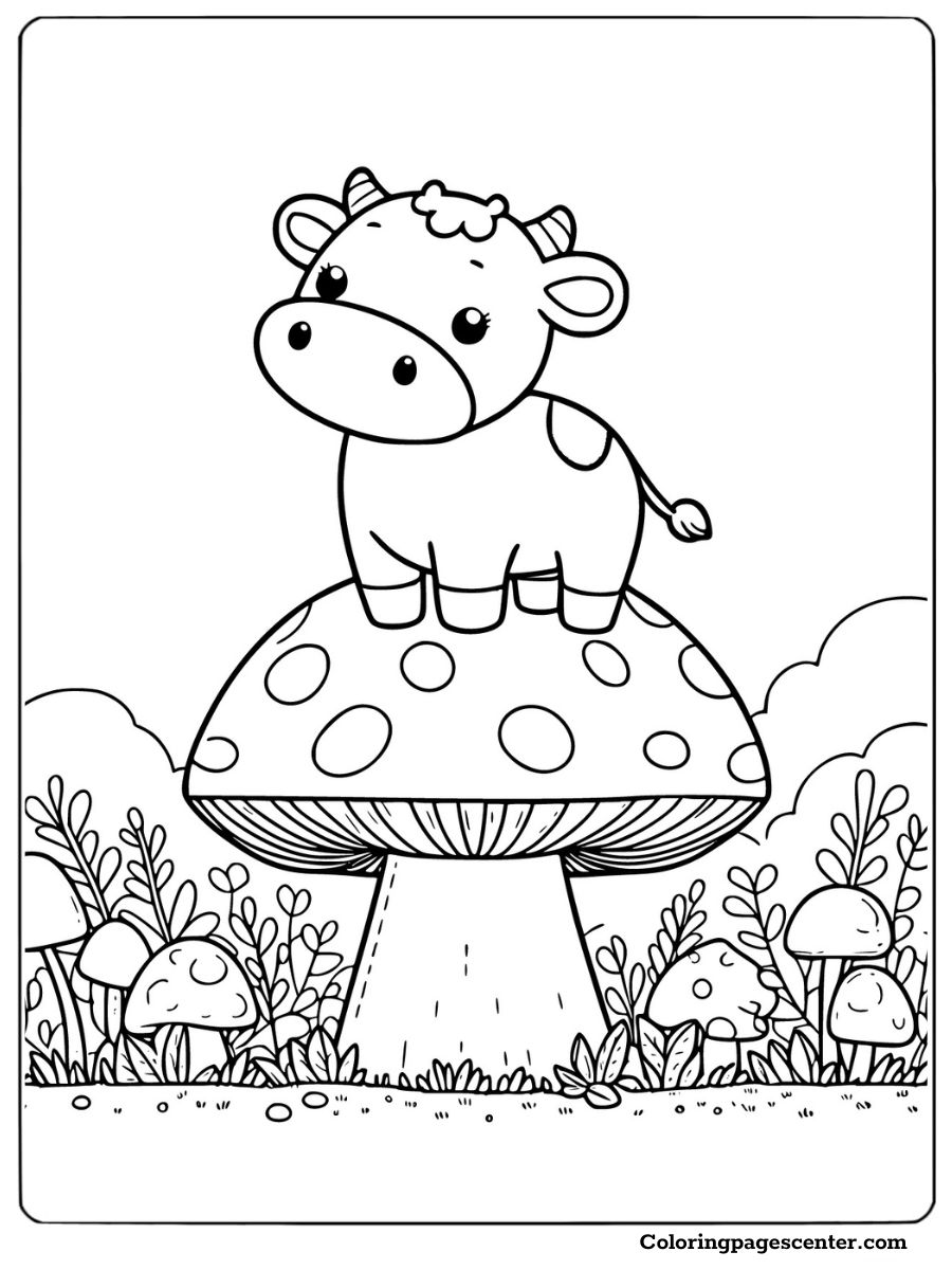 Adorable mini cow on a mushroom coloring page